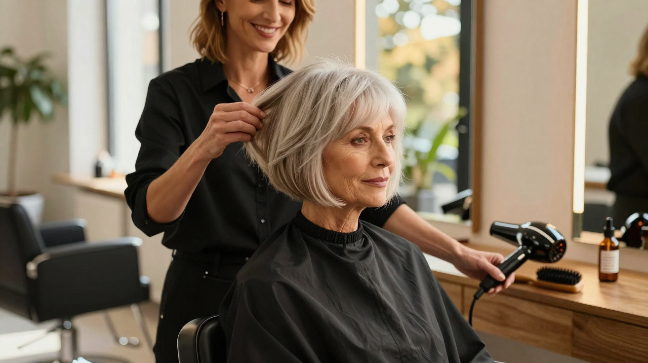 Mulher idosa com cabelo curto grisalho a ser penteada por cabeleireira num salão de beleza moderno.