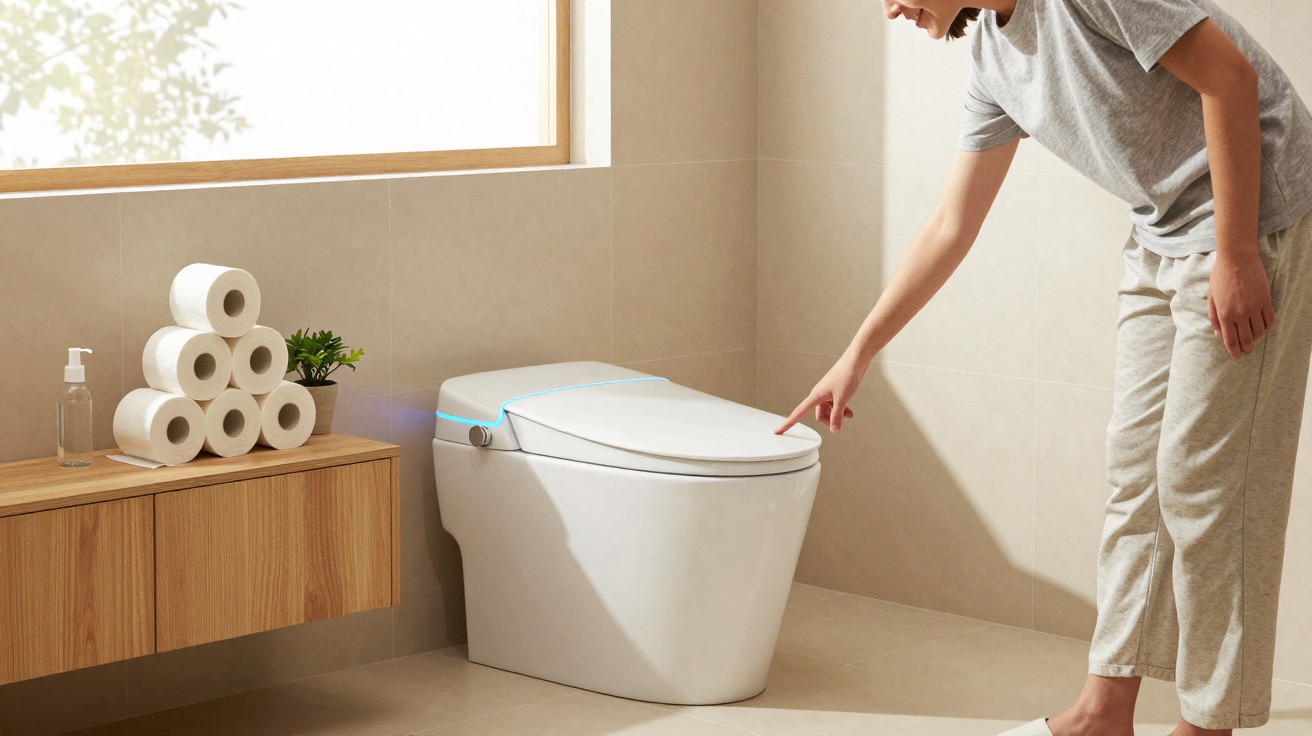 Pessoa a tocar numa sanita inteligente branca num banheiro moderno com luz natural e rolos de papel higiénico empilhados.