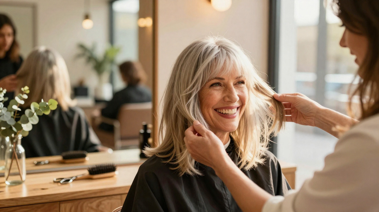 Mulher sorridente a receber um corte de cabelo num cabeleireiro iluminado e moderno.