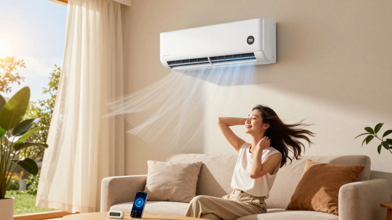 Mulher relaxa num sofá enquanto um ar condicionado parede sopra ar fresco num ambiente luminoso e confortável.