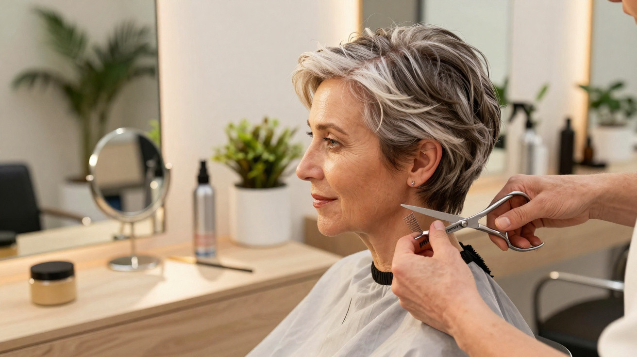 Mulher com cabelo curto a ser cortado num salão de cabeleireiro moderno e bem iluminado.