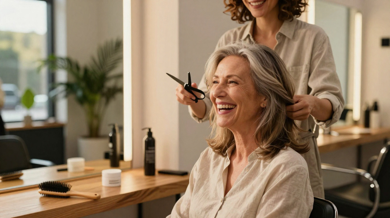 Mulher sorridente a receber corte de cabelo num salão moderno e luminoso.
