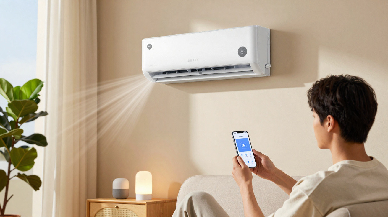 Pessoa controla ar condicionado inteligente via smartphone numa sala confortável com sofá e planta.