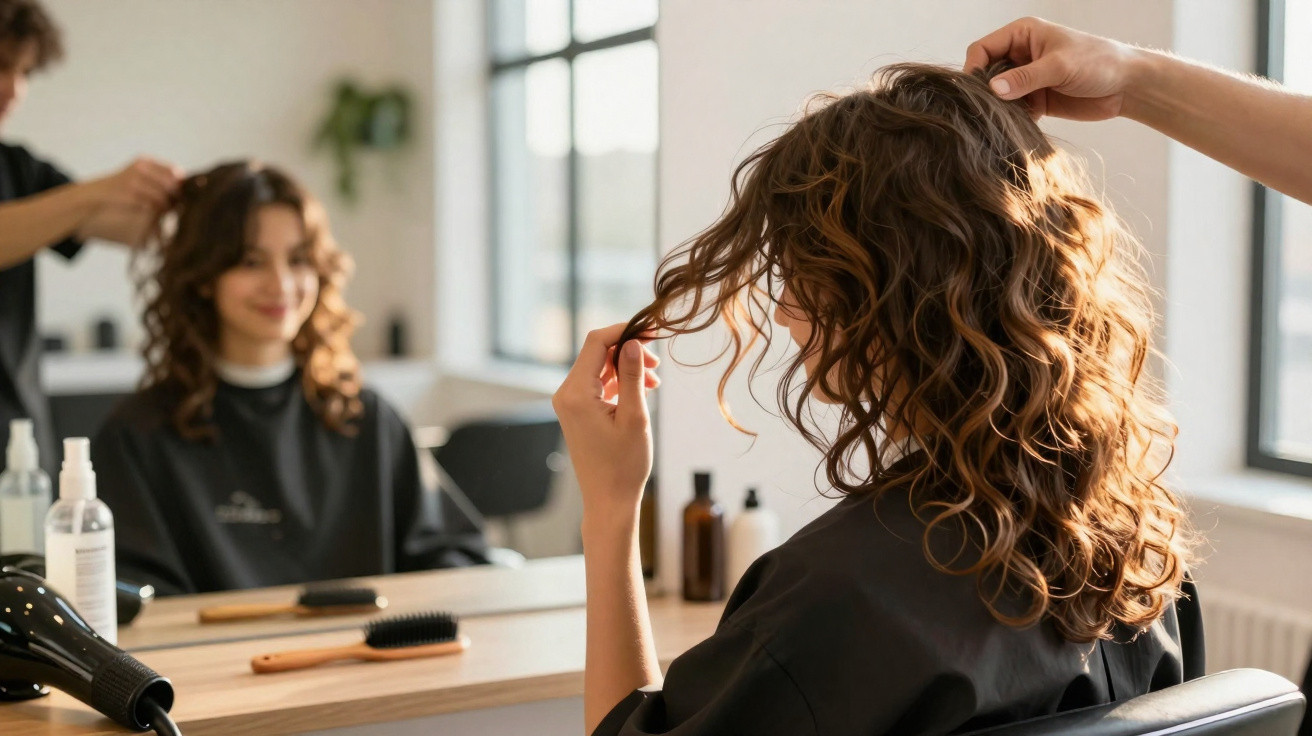 Mulher com cabelo encaracolado a olhar para o cabelo num salão de beleza enquanto cabeleireiro arruma o cabelo.