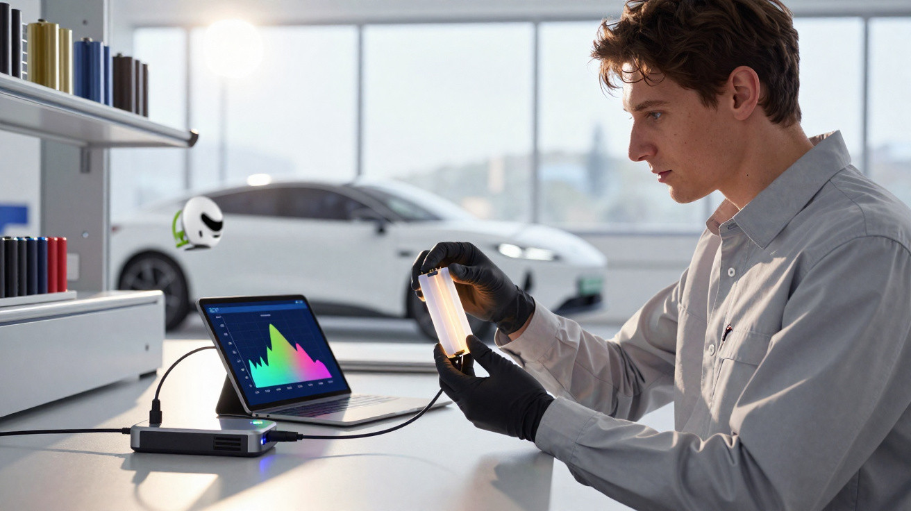 Homem a analisar amostra luminosa com tablet e carro branco ao fundo numa sala bem iluminada.