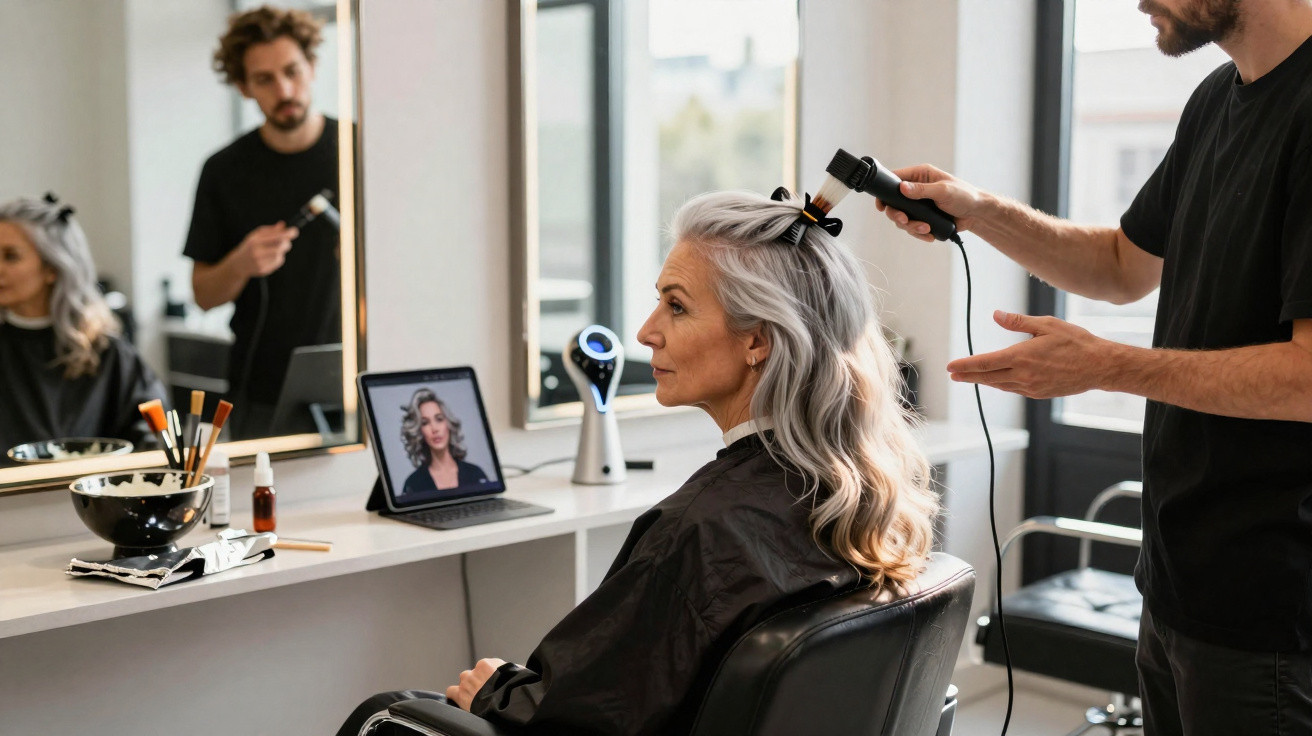Mulher de cabelo grisalho a ser penteada por cabeleireiro numa cadeira de cabeleireiro moderna.