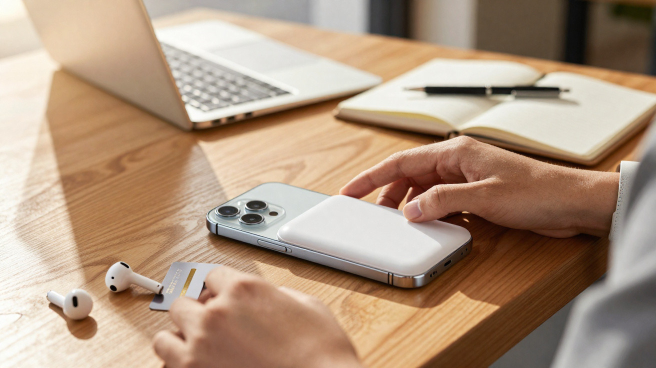 Mesa de madeira com portátil, caderno aberto, earbuds, cartão e smartphone com carregador magnético branco.