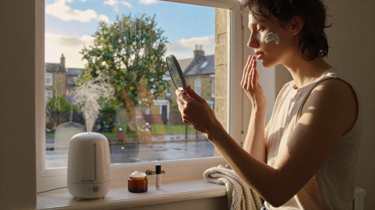Pessoa jovem a aplicar creme no rosto junto a uma janela com humidificador e produtos de beleza.