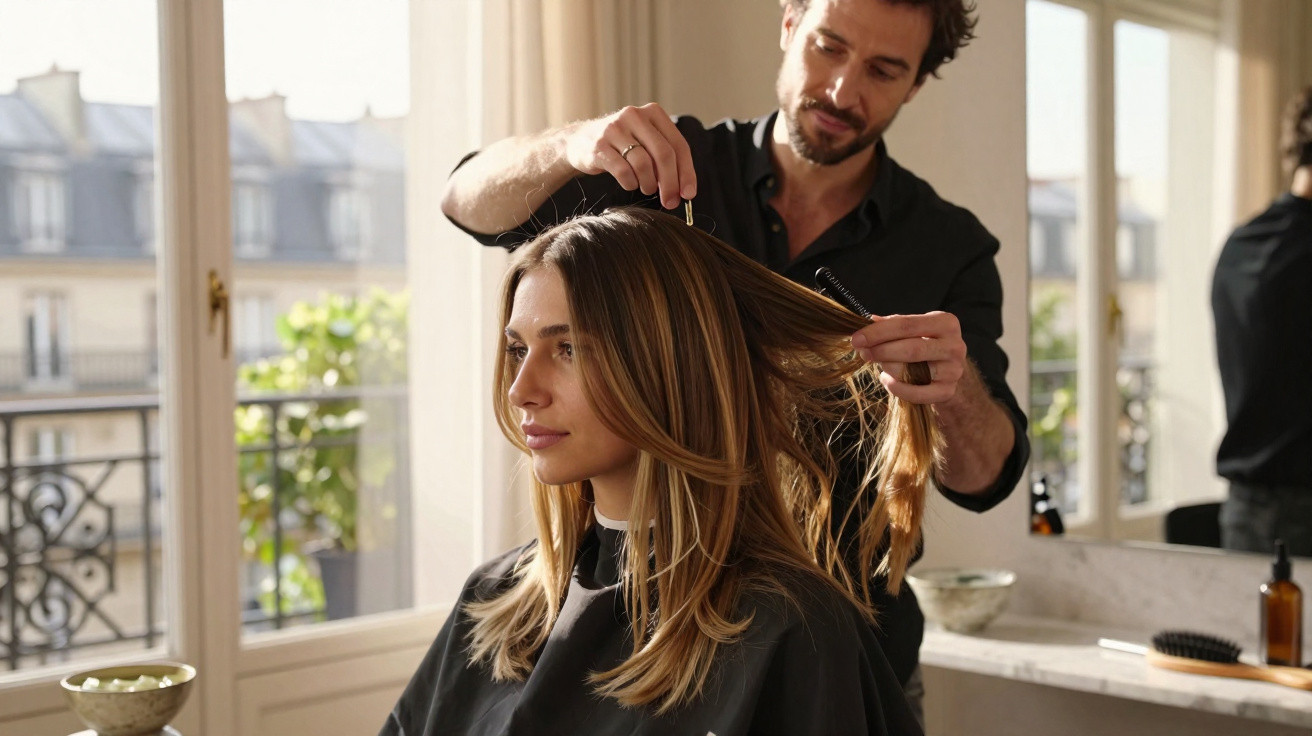 Homem penteia cabelo de mulher loira num salão de cabeleireiro com luz natural a entrar pela janela.