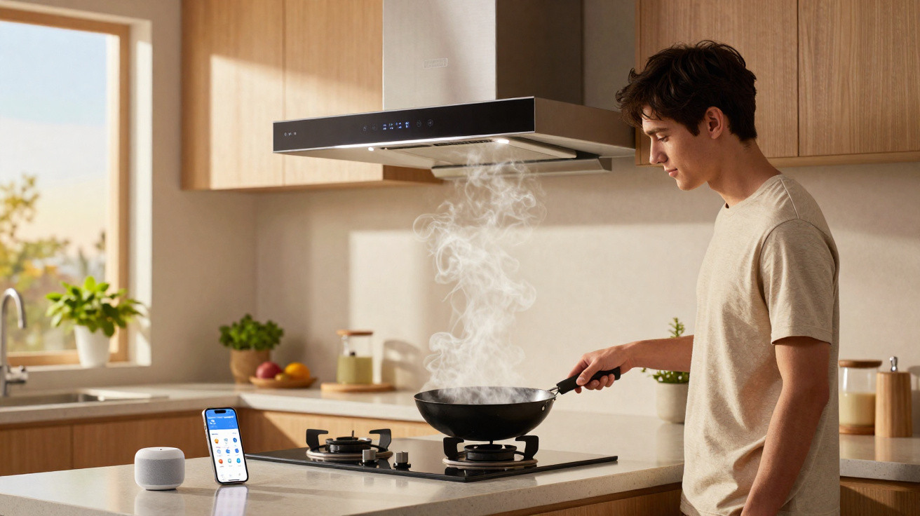 Jovem a cozinhar num fogão com exaustor, numa cozinha moderna com luz natural.
