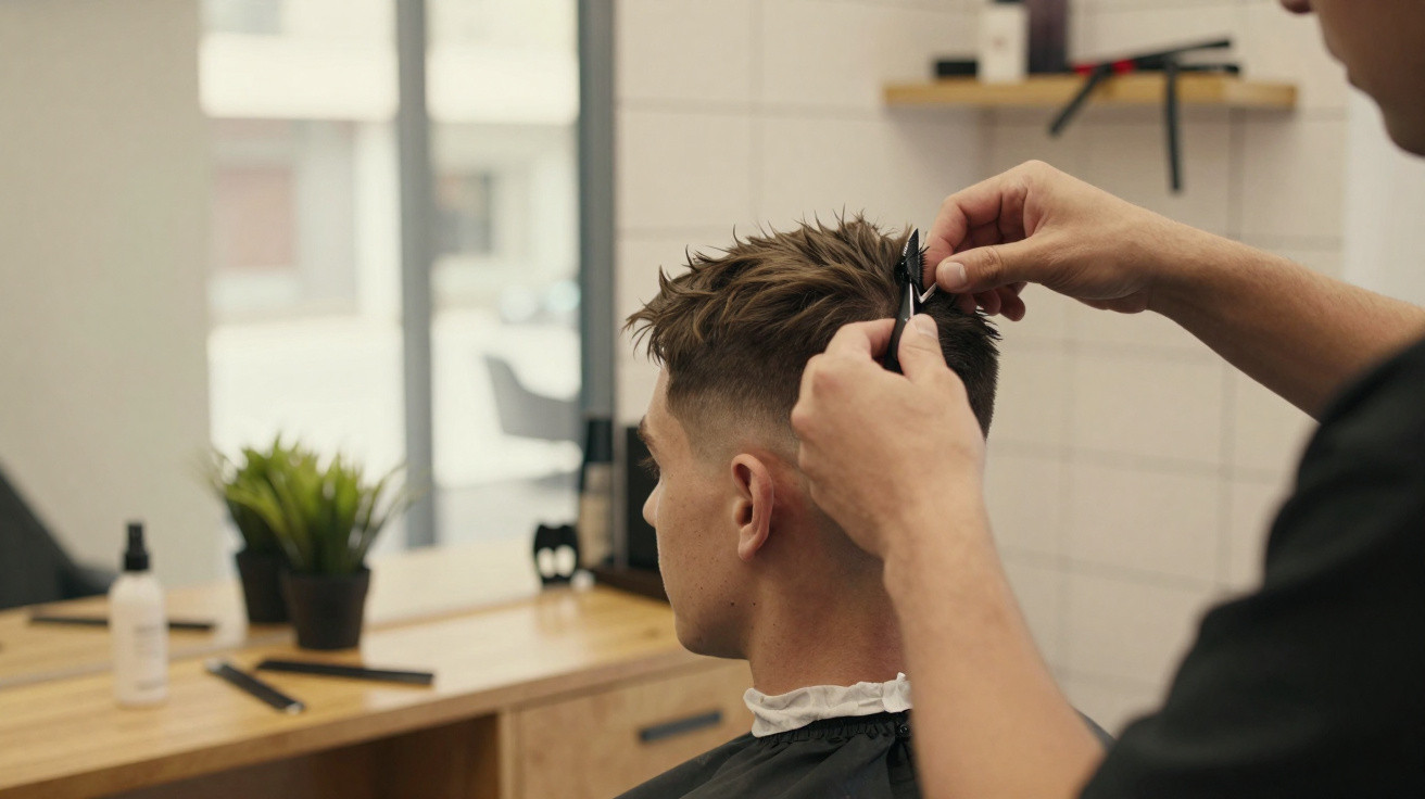 Homem a cortar cabelo num cabeleireiro moderno com espelho e planta na bancada.