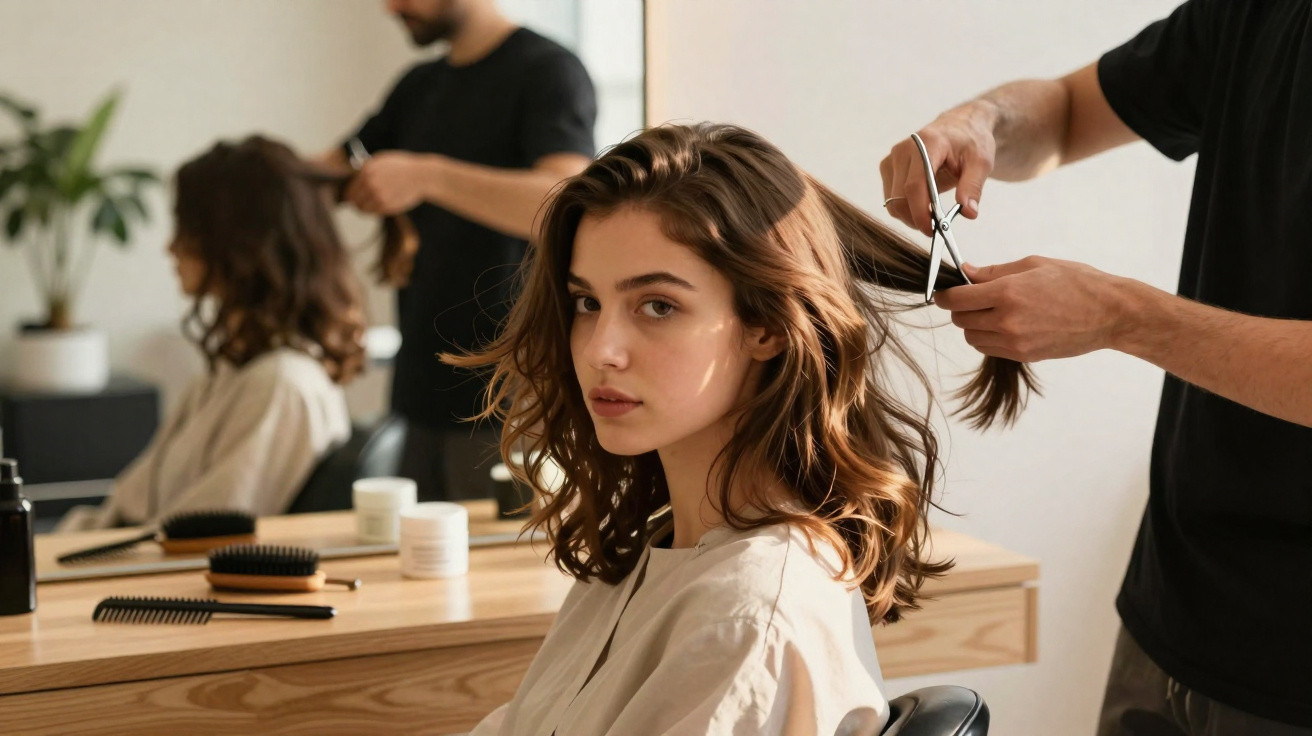 Mulher sentada num salão de beleza a receber corte de cabelo por cabeleireiro.