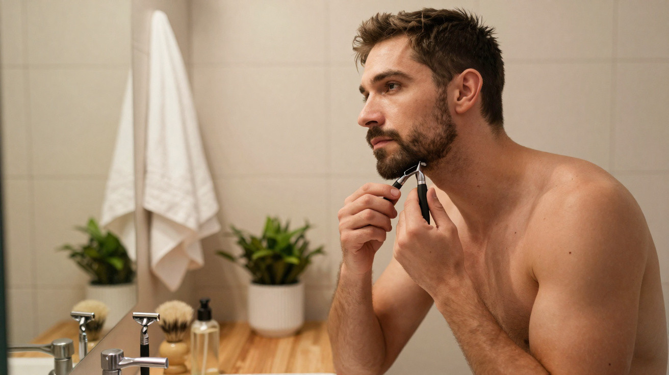 Homem a barbear a barba com aparador num banheiro com toalhas e plantas ao fundo.