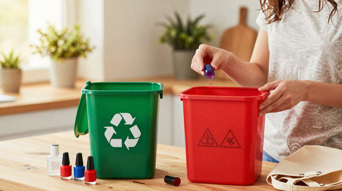 Pessoa a deitar verniz em recipiente vermelho de resíduos perigosos ao lado de caixote verde de reciclagem.