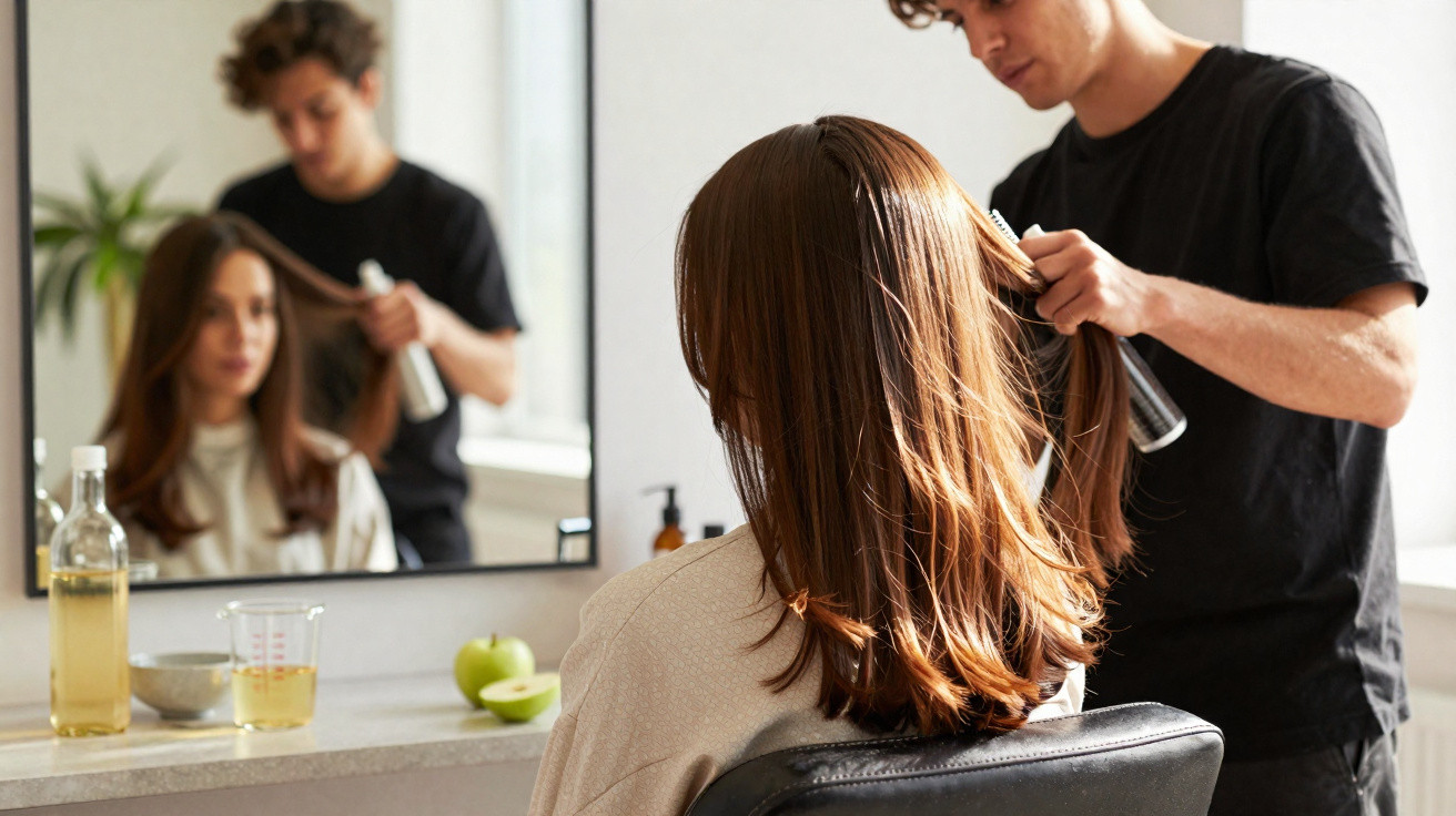 Homem a aplicar spray no cabelo castanho comprido de mulher numa cadeira num salão de cabeleireiro.