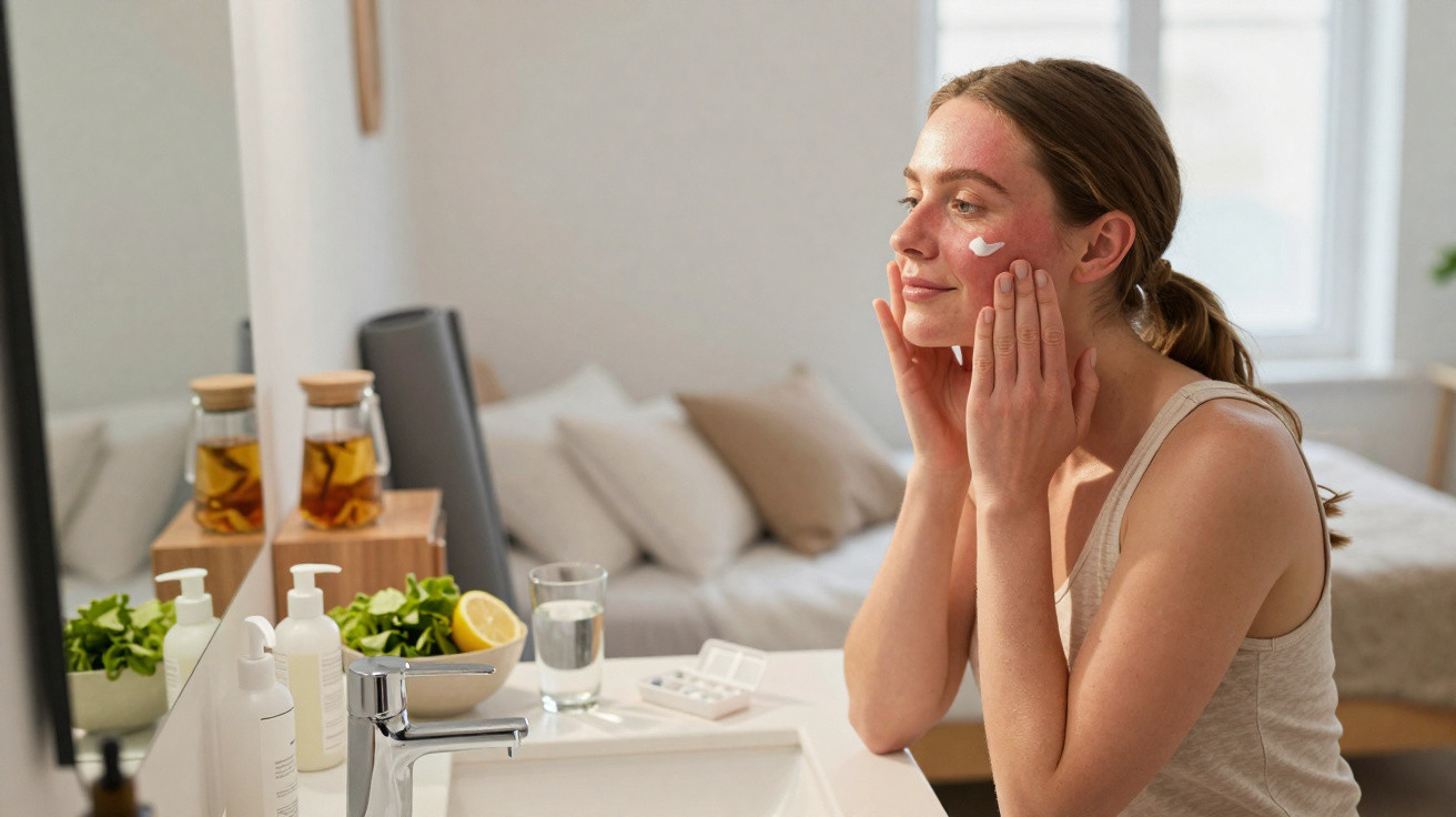 Mulher aplica creme facial junto a lavatório numa casa luminosa com plantas e jarras de chá ao fundo.