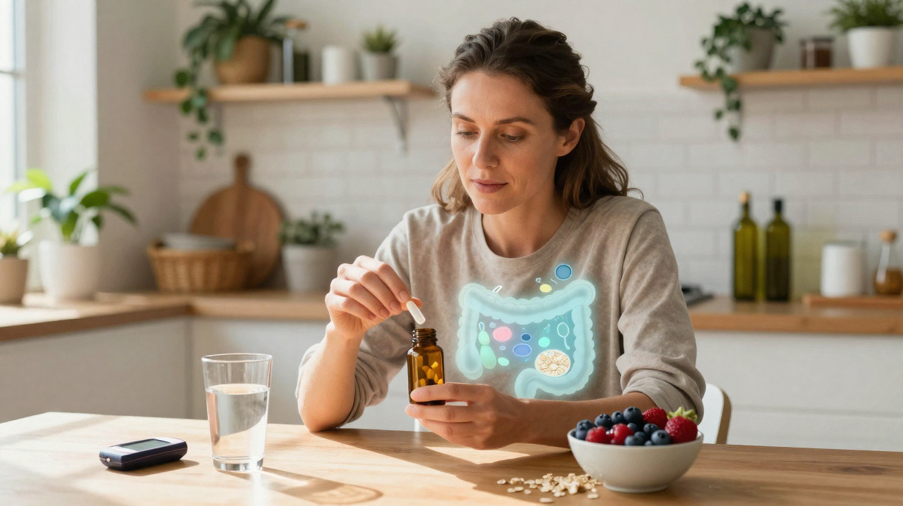 Mulher a tomar suplemento alimentar com foco no intestino, numa cozinha com frutas e copo de água.