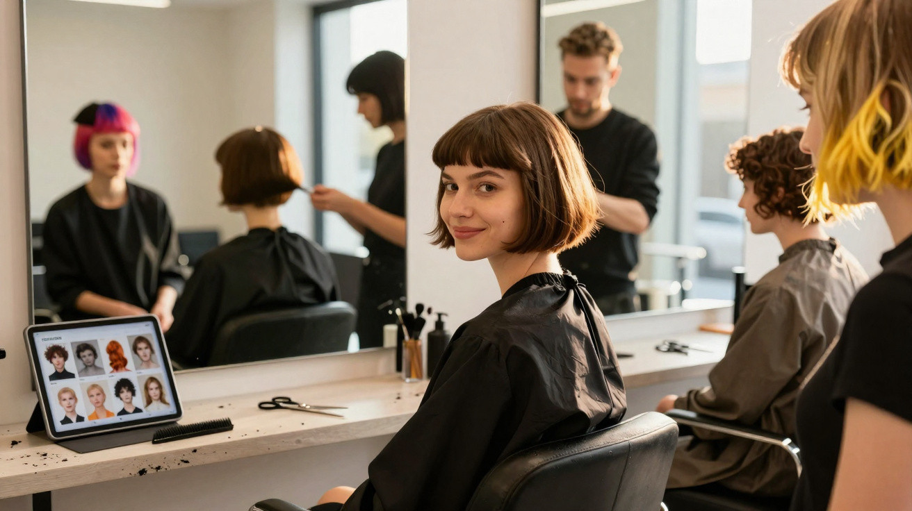 Mulher com cabelo curto castanho sentada no cabeleireiro, com tablet a mostrar penteados e cabeleireiros ao fundo.