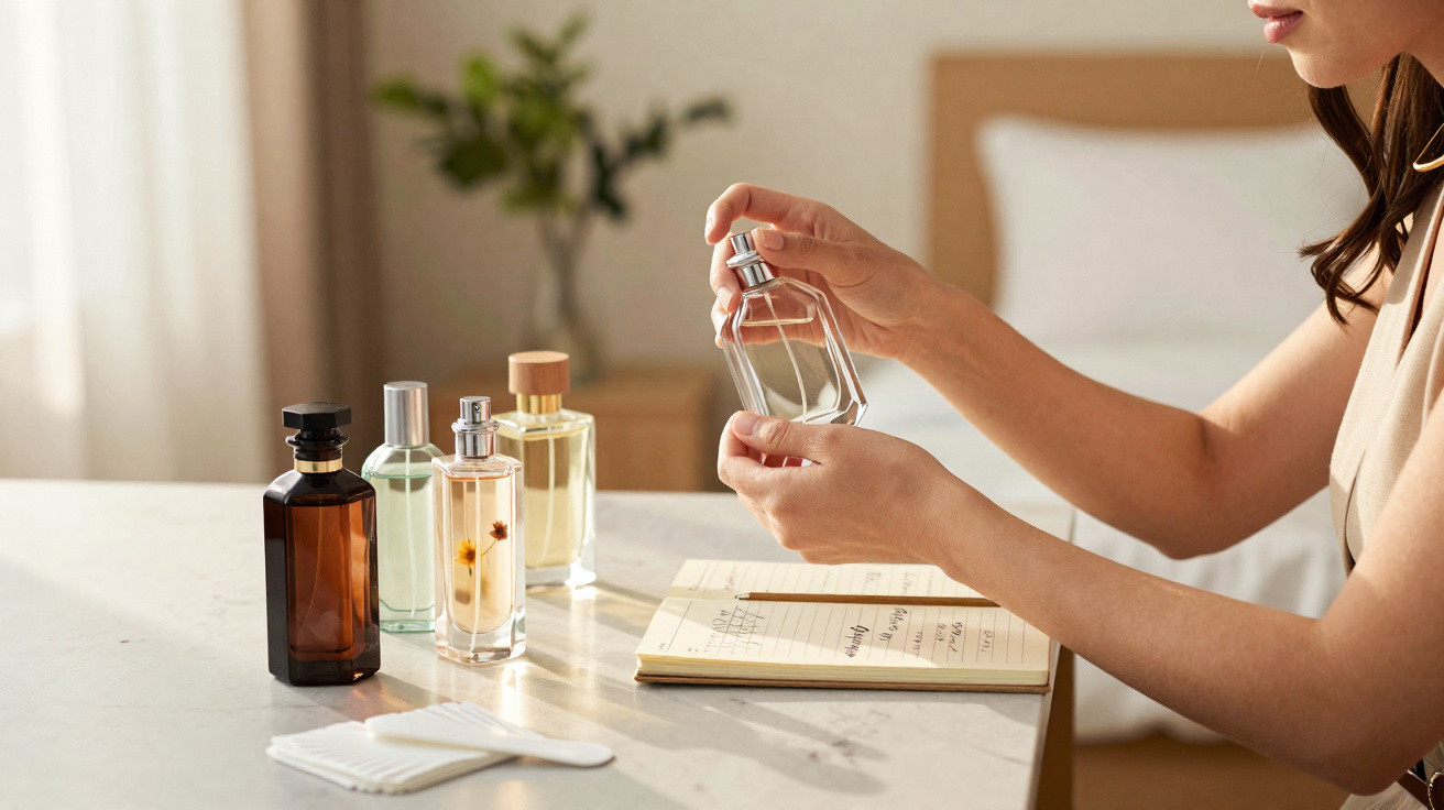 Mulher segura frasco de perfume transparente sobre mesa com vários perfumes e agenda aberta num quarto iluminado.