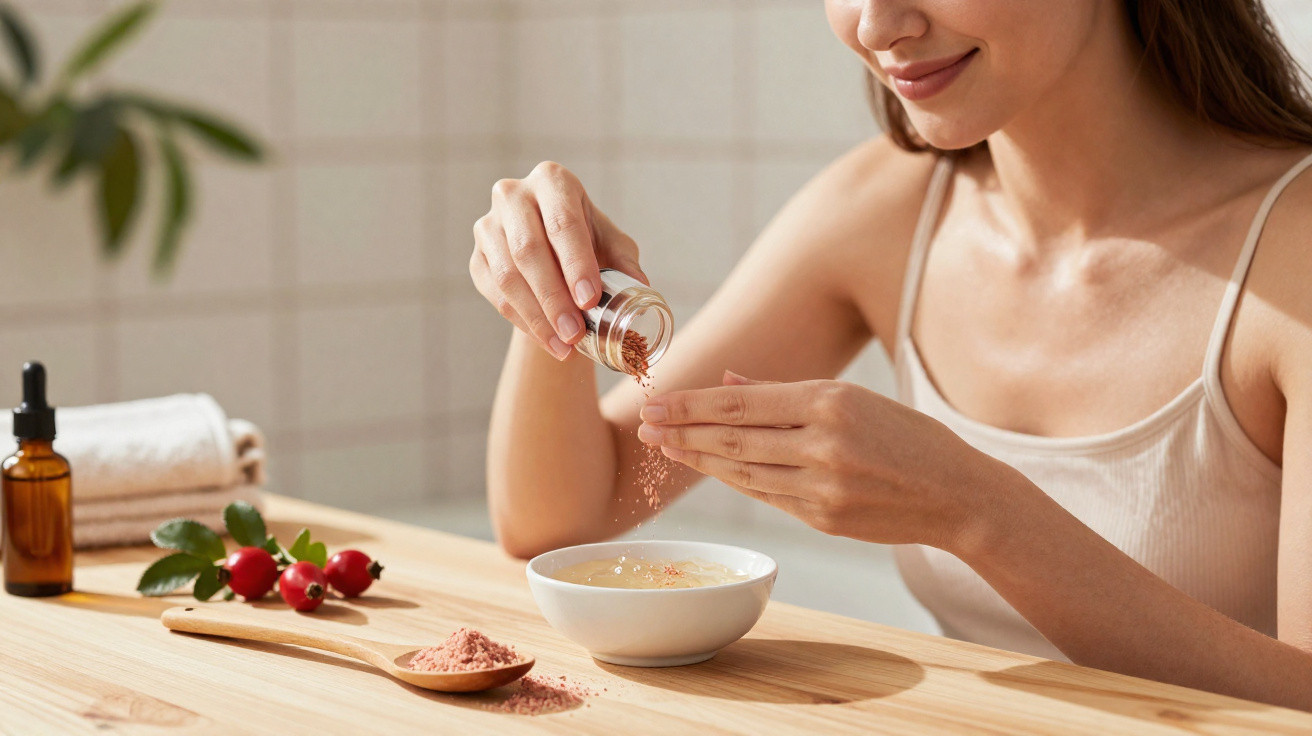 Mulher a preparar máscara facial caseira com pó rosa e ingredientes naturais numa tigela branca.