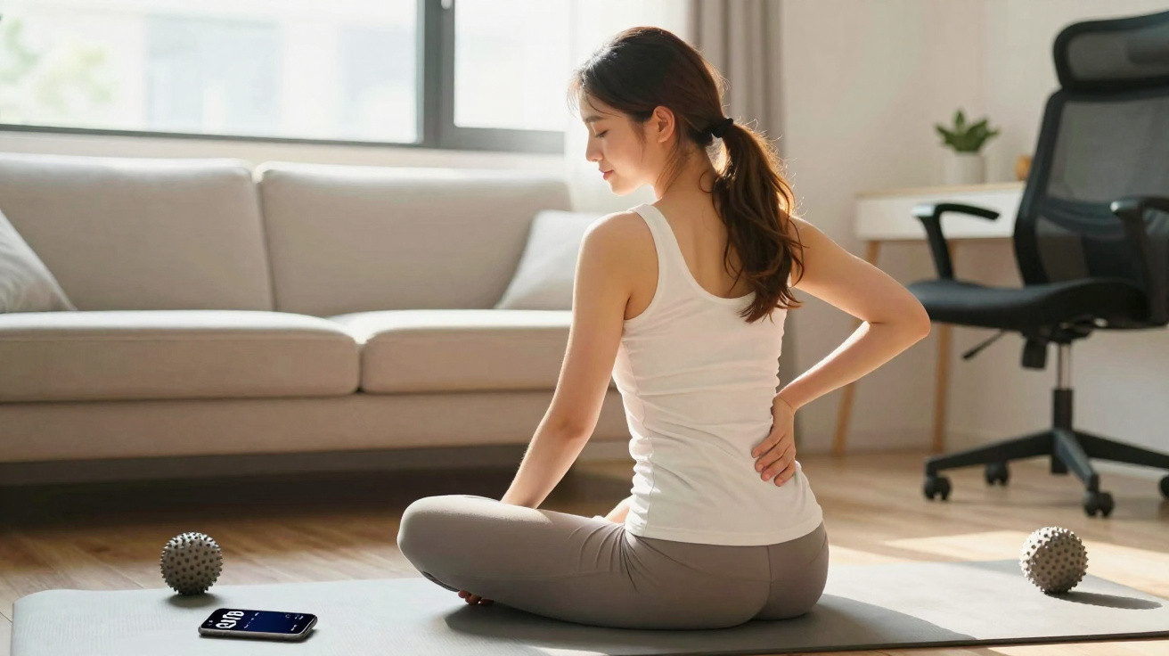 Mulher sentada em tapete de yoga, com dor nas costas, numa sala com sofá, smart phone e bolas de massagem.
