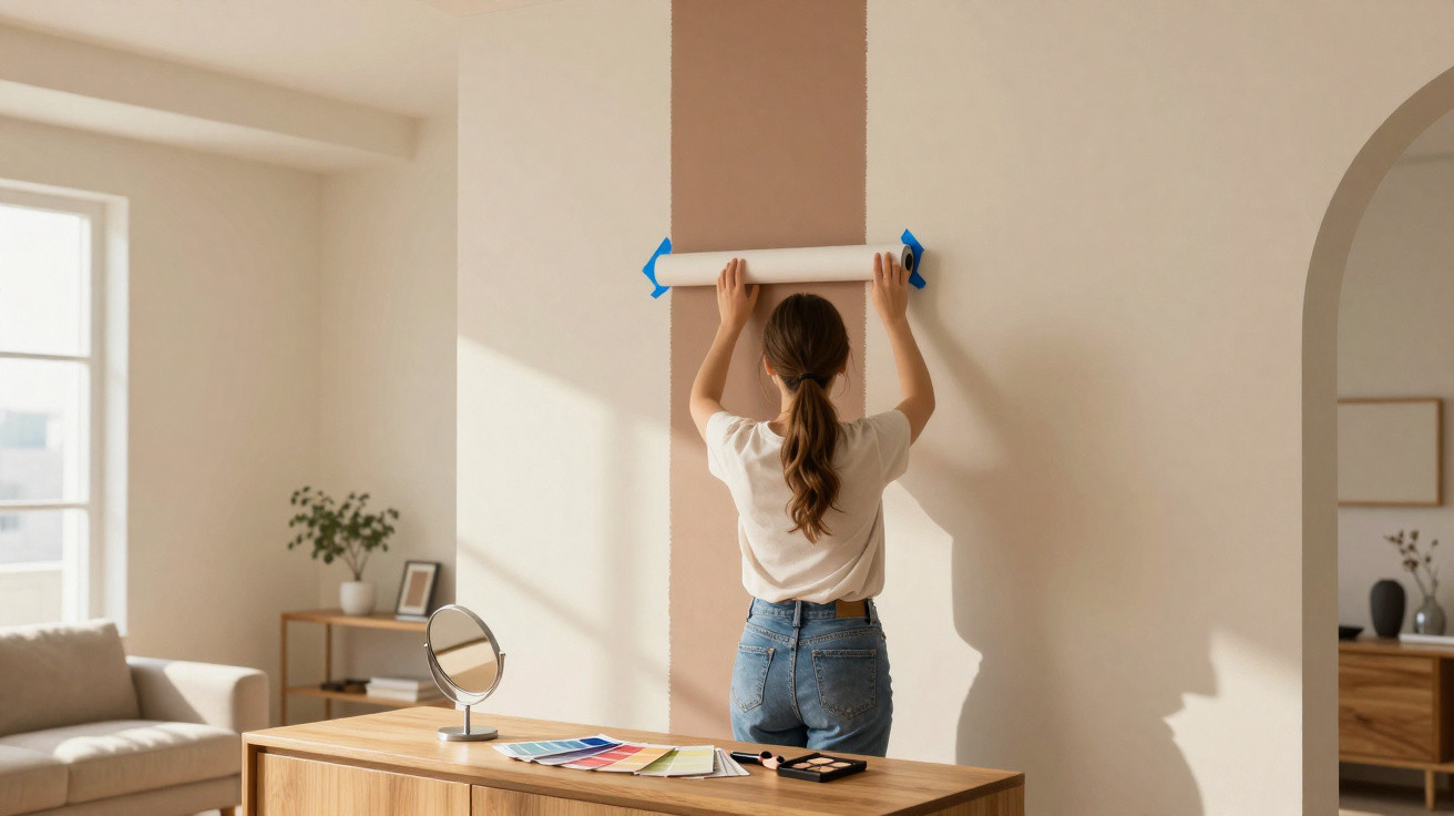 Mulher a aplicar fita adesiva antes de pintar uma faixa vertical castanha numa parede clara.