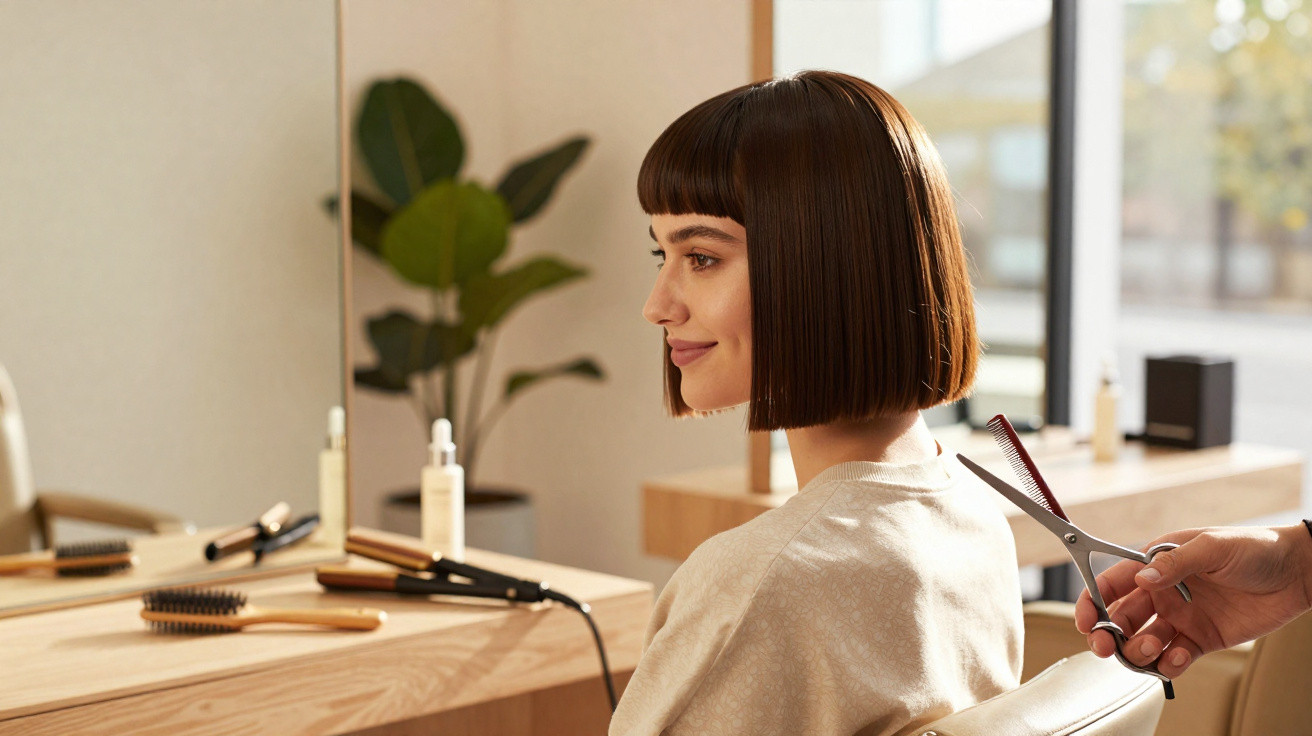 Mulher com cabelo castanho curto sentada numa cadeira de cabeleireiro, pronta para cortar o cabelo.