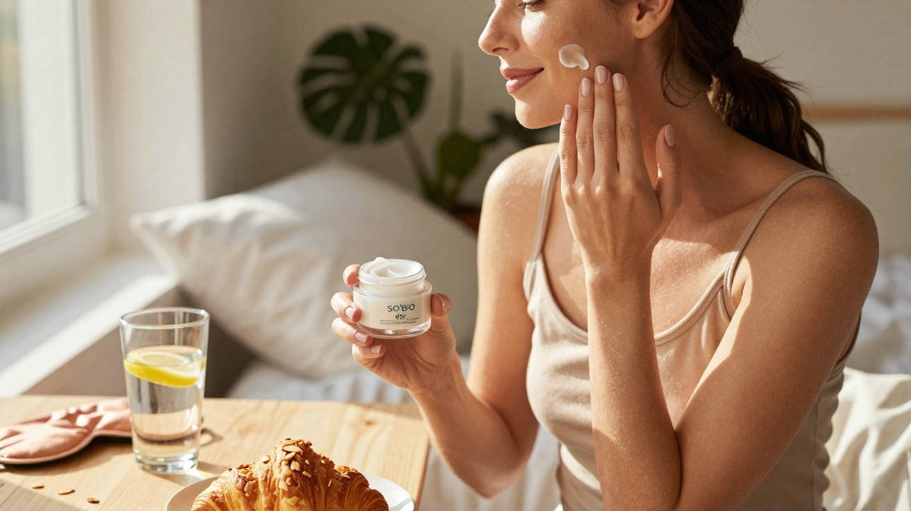 Mulher a aplicar creme hidratante no rosto sentada à mesa com croissant e copo de água com limão.