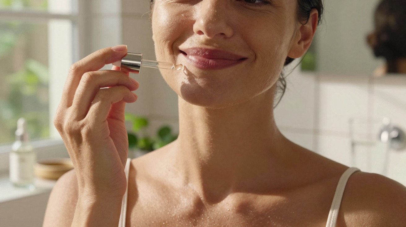 Mulher a aplicar sérum facial com conta-gotas num ambiente luminoso e natural.