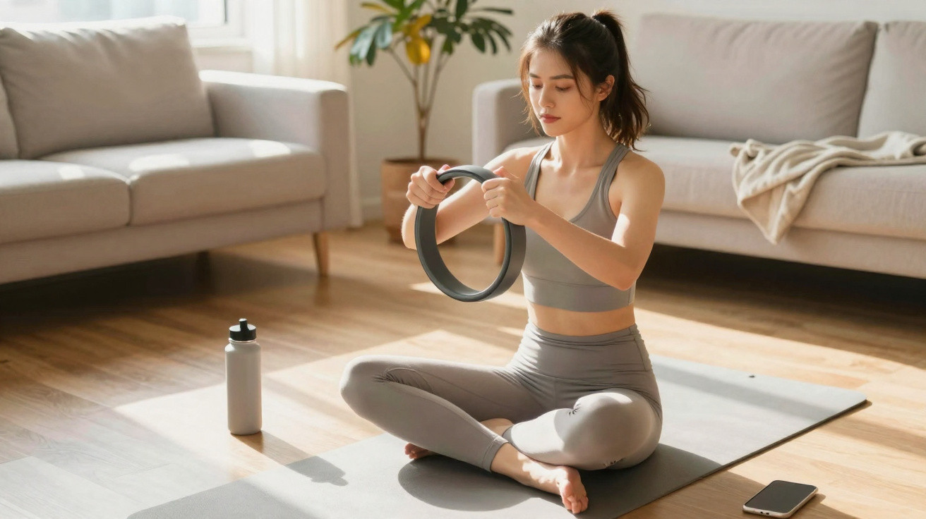 Mulher sentada em tapete de yoga a segurar anel de pilates em sala iluminada com sofá e garrafa de água.