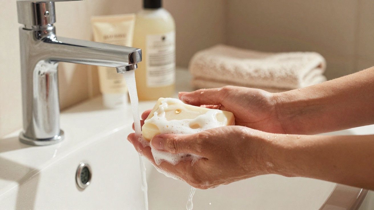 Mãos a lavar com sabonete espuma sob torneira de água numa casa de banho com toalhas ao fundo.