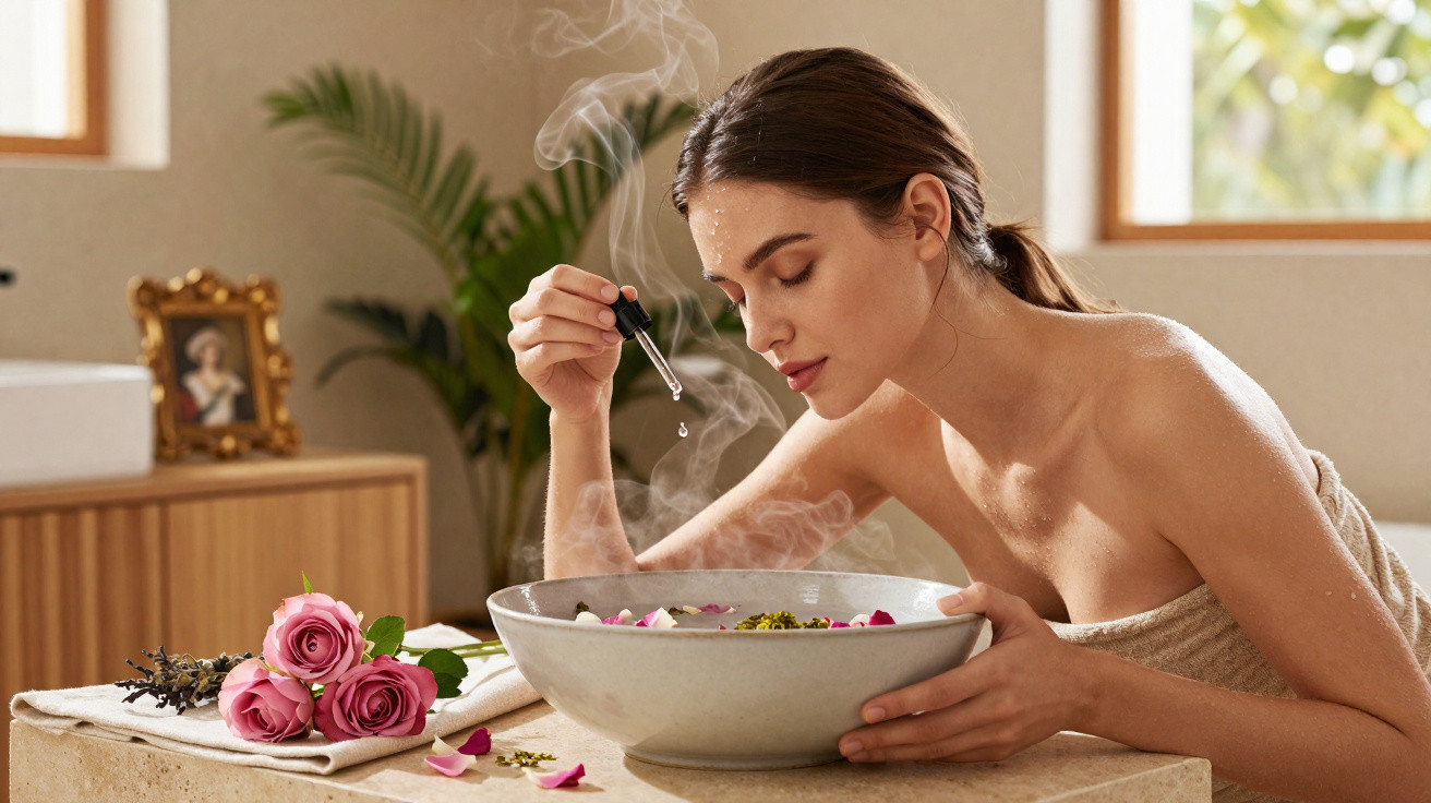 Mulher a aplicar óleo essencial num banho de vapor com flores, num ambiente relaxante e luminoso.