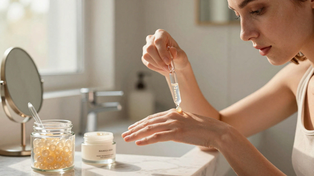 Mulher aplica sérum de vitamina C na mão, com frascos de cosméticos num lavatório iluminado pela luz natural.