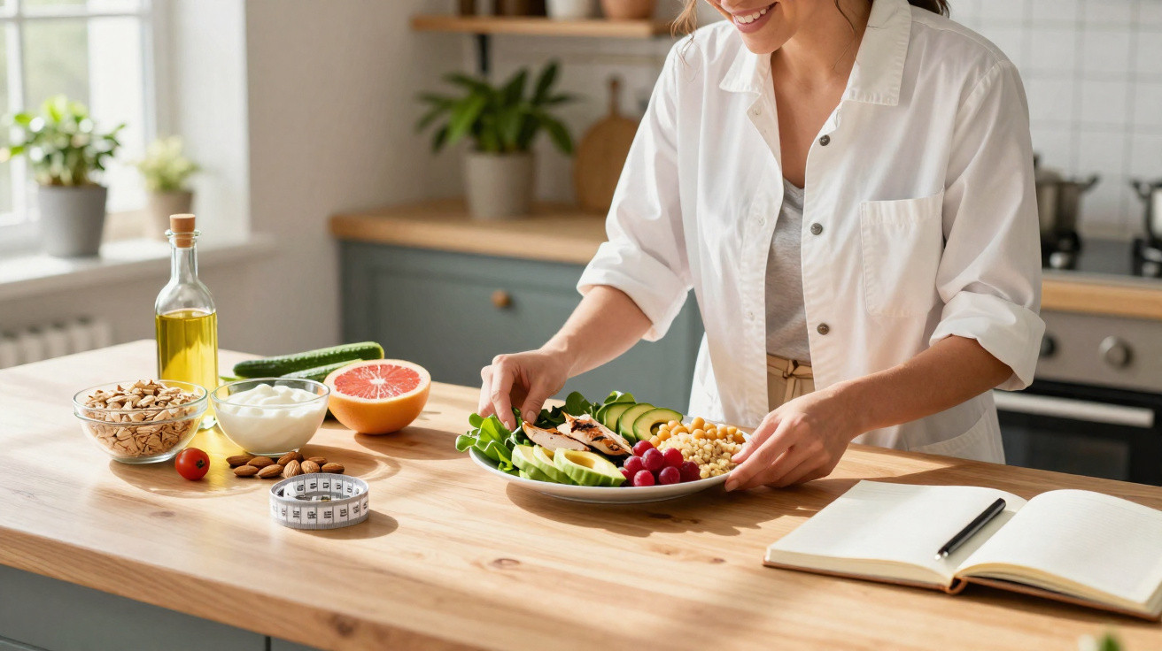 Mulher a preparar uma salada saudável na cozinha com frutas, legumes e legumes numa bancada de madeira.