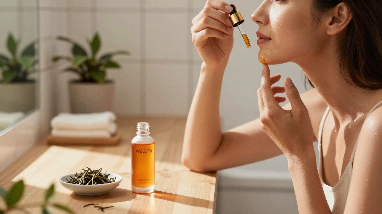 Mulher a aplicar sérum facial com conta-gotas num ambiente luminoso e natural de casa de banho.
