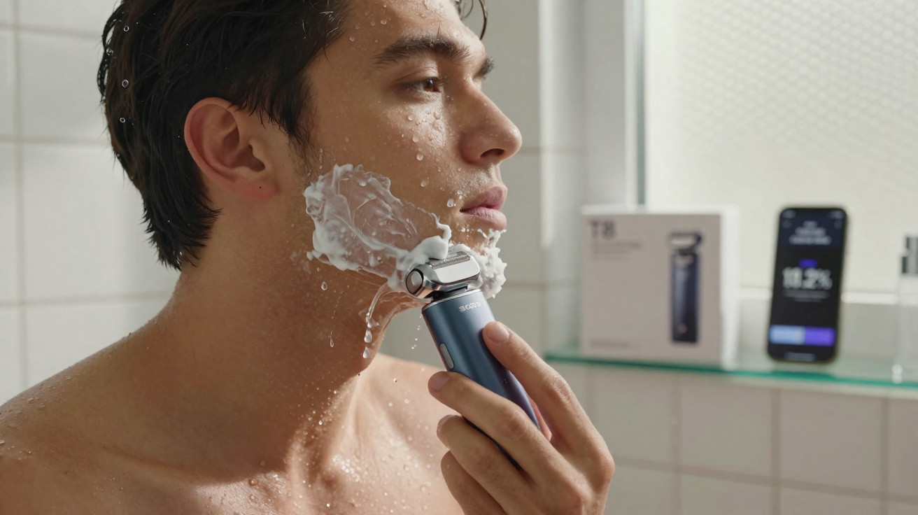 Homem a barbear-se com barbeador elétrico azul e espuma de barbear num casa de banho moderna.
