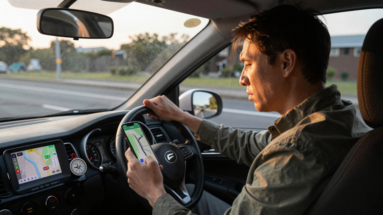 Homem ao volante de carro consulta GPS no telemóvel com mapa, interior do carro ao entardecer.