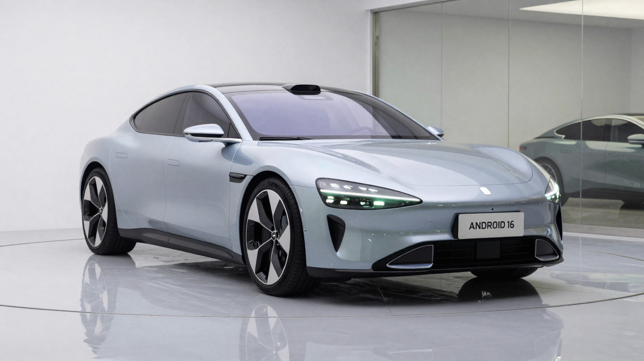 Carro elétrico cinza moderno com faróis LED e rodas aerodinâmicas num ambiente interior minimalista.