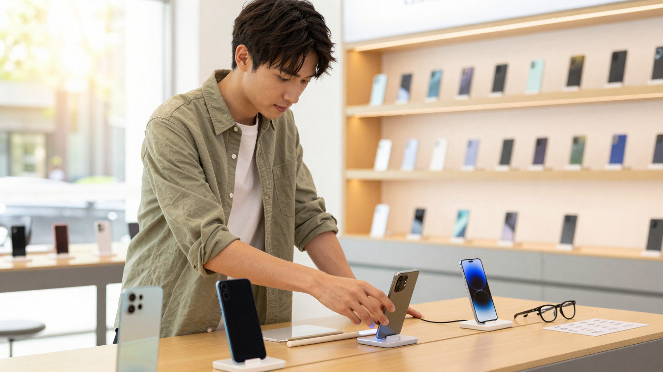 Homem numa loja de tecnologia experimenta diferentes modelos de telemóveis expostos numa bancada.