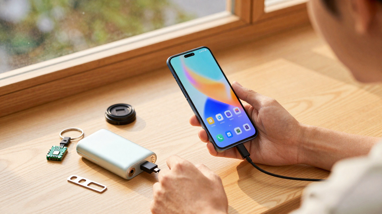 Pessoa a segurar smartphone ligado a um dispositivo portátil prateado sobre uma mesa de madeira.