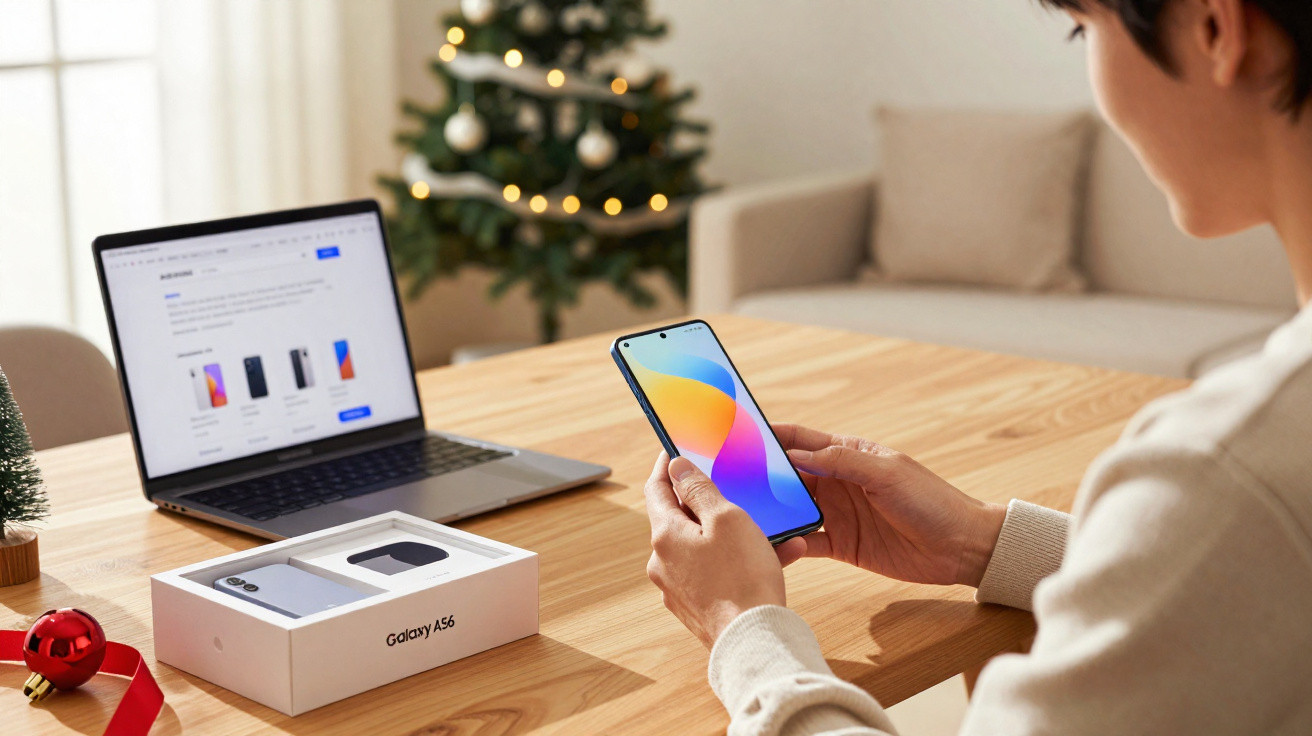 Pessoa a segurar um telemóvel Samsung Galaxy A56 com caixa, computador portátil, e árvore de Natal ao fundo.