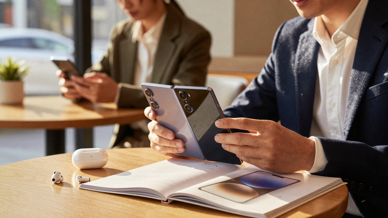 Pessoa a usar smartphone dobrável sobre mesa com livro aberto, auriculares sem fios e outra pessoa ao fundo a usar telemóvel.