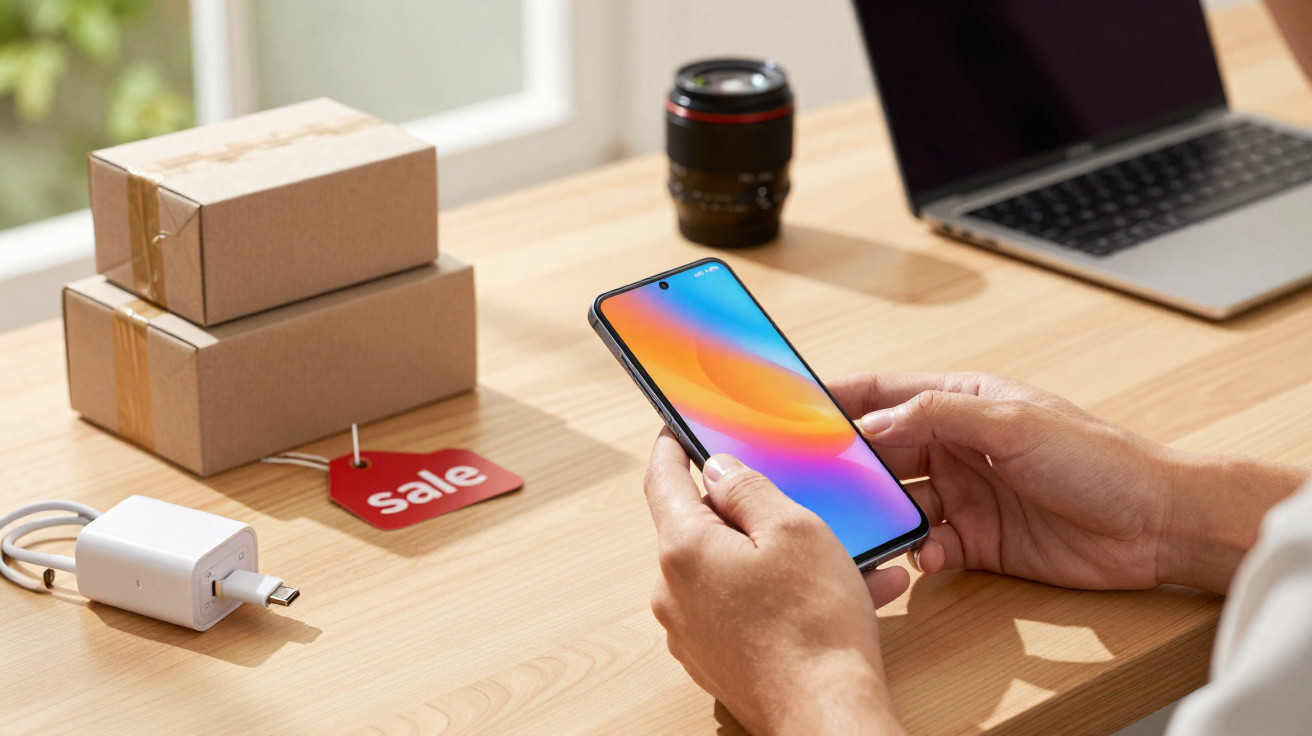 Mãos seguram telemóvel com ecrã colorido sobre mesa com caixas, carregador, etiqueta de promoção e portátil.