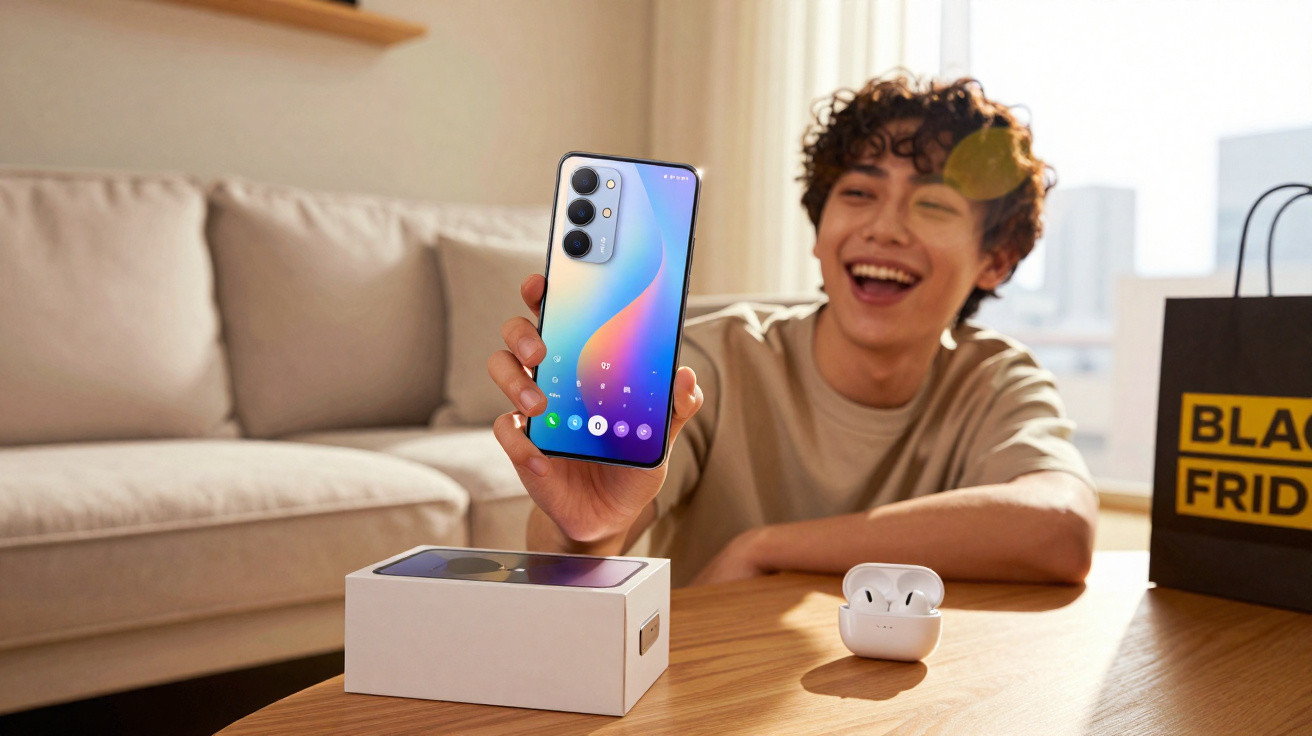 Pessoa sorridente mostra telemóvel novo junto a caixa e auriculares, com saco de compras Black Friday ao fundo.