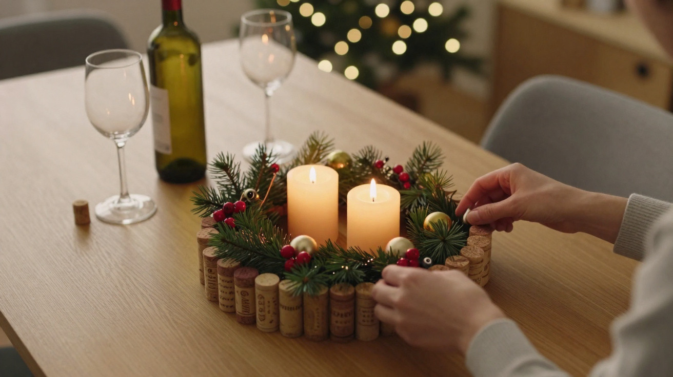 Mãos a decorar centro de mesa natalício com velas acesas, rolhas de vinho, pinhas, e enfeites festivos.