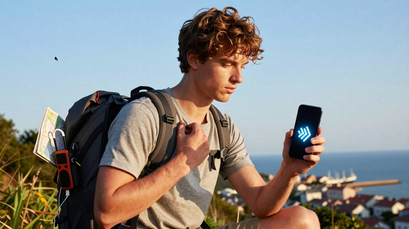 Jovem com mochila consulta o telemóvel durante caminhada numa paisagem costeira ao pôr do sol.