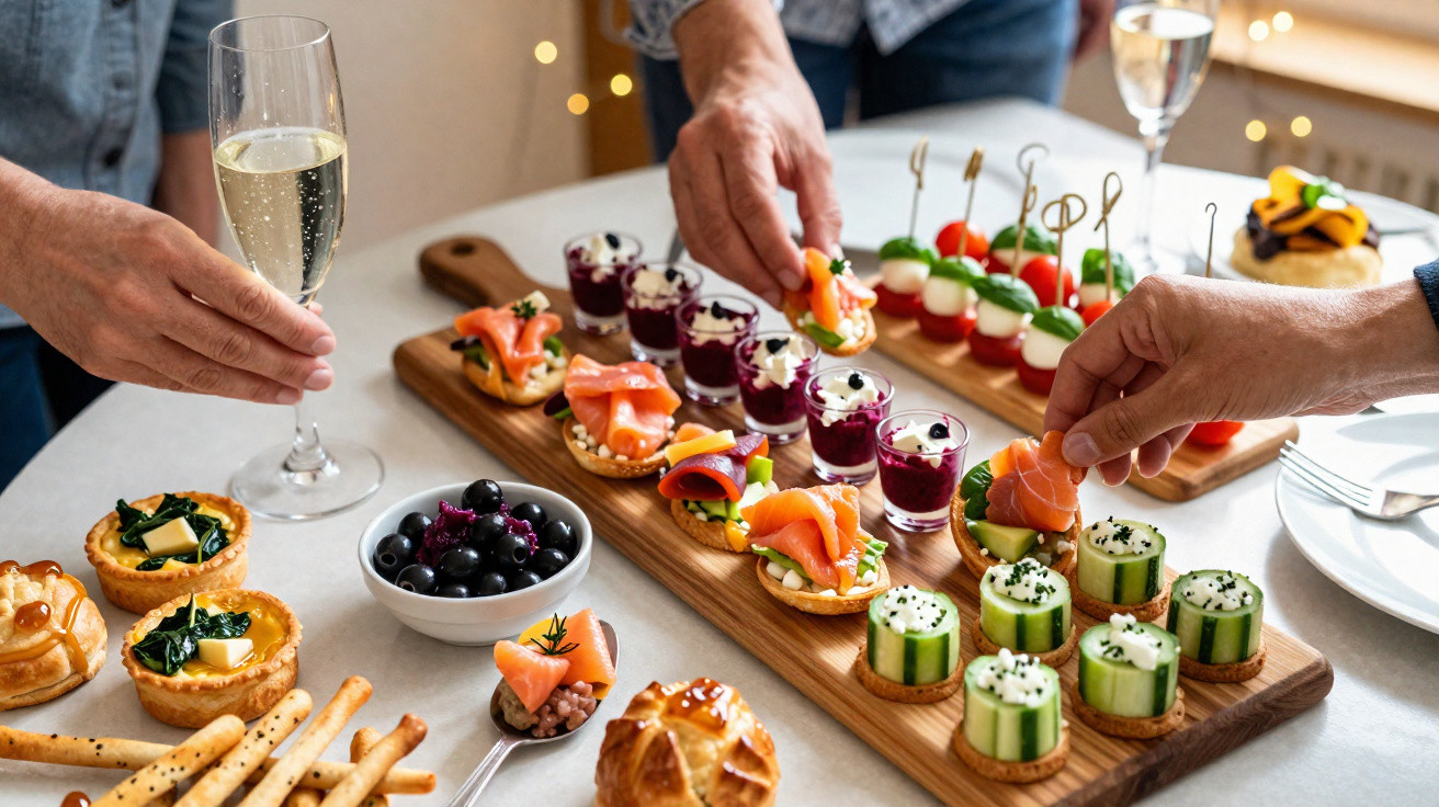 Mãos a servir canapés variados e copos de bebida numa festa com petiscos coloridos sobre mesa.