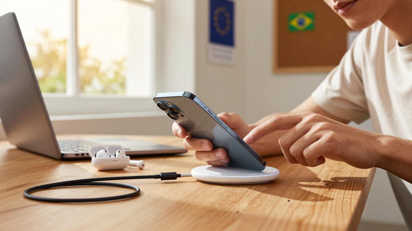 Pessoa a usar telemóvel com carregador sem fios num ambiente de escritório com portátil e auscultadores sem fios.