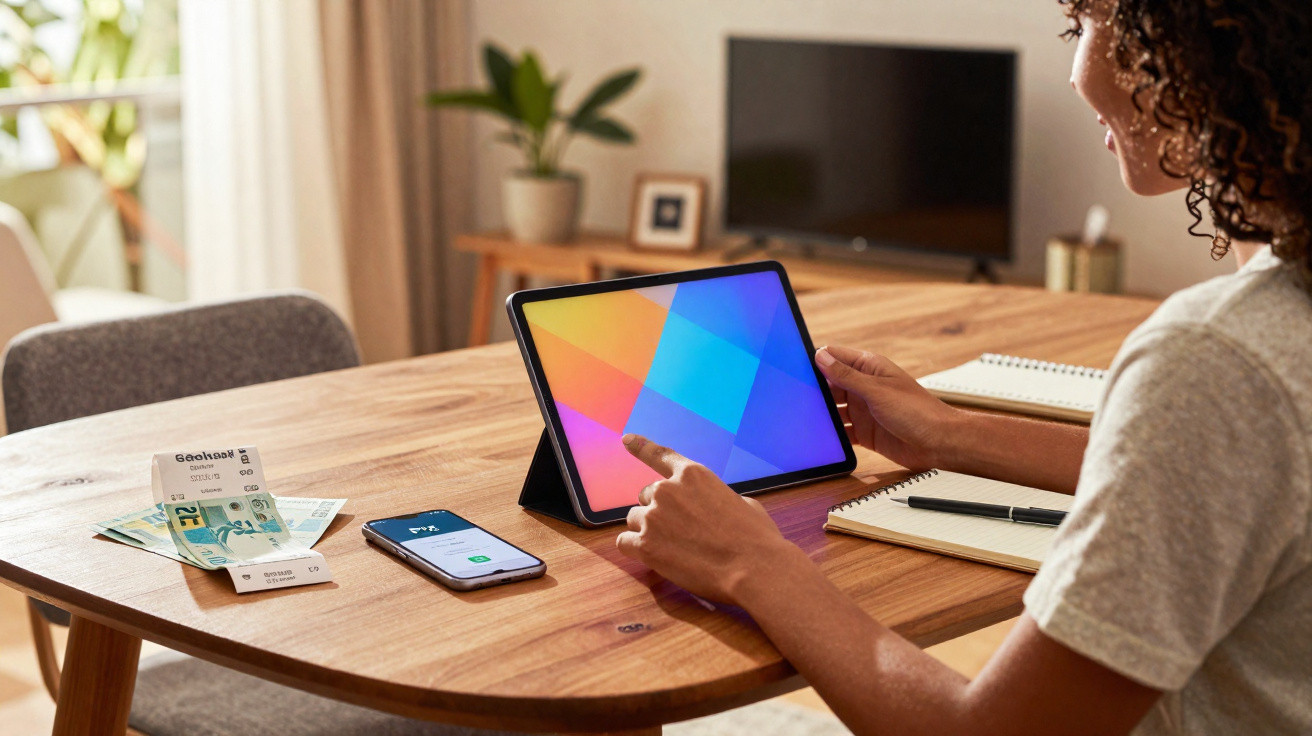 Pessoa a usar tablet num escritório em casa com telemóvel, dinheiro e caderno numa mesa de madeira.