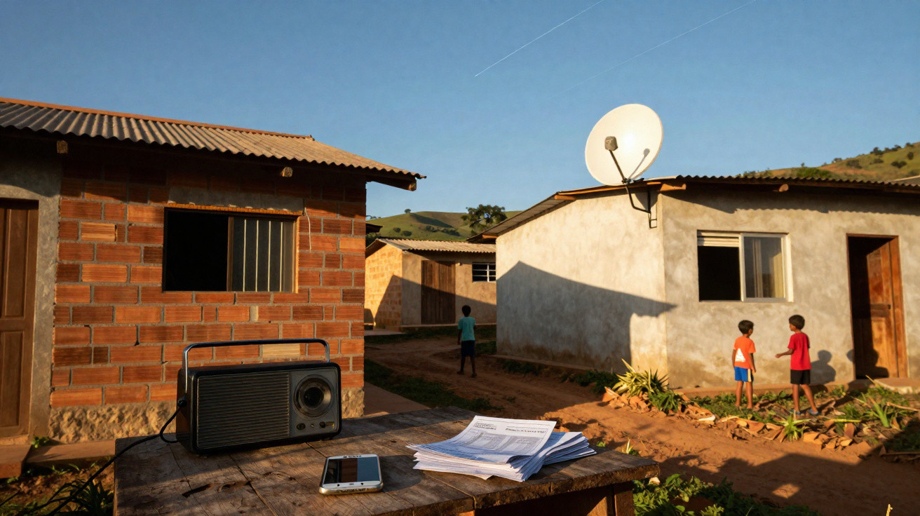Casas rurais, duas crianças a conversar e rádio antigo sobre mesa de madeira ao pôr do sol.